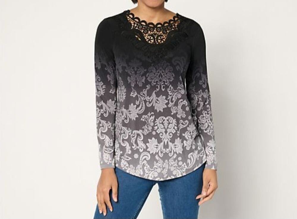 Susan Graver Size 2X Black Printed Liquid Knit Top Lace Applique A680500 NWOT